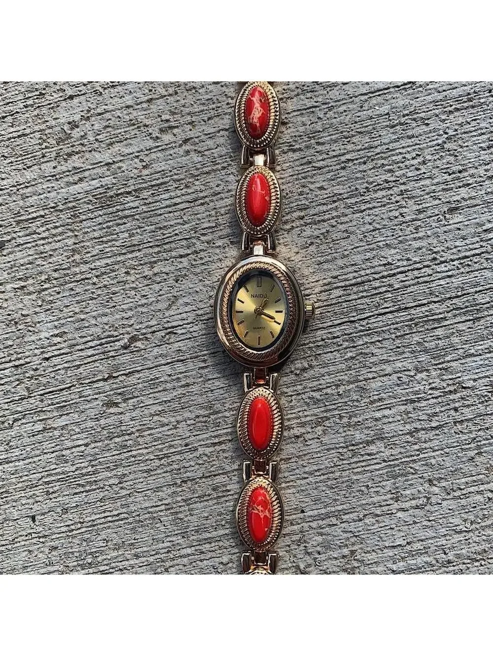 Y2k style Dainty cute Gold style tone quartz watch with red green jade stone